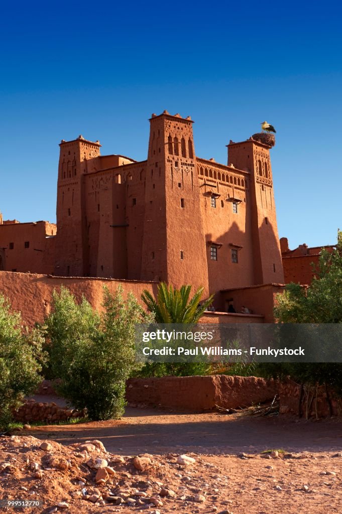 Mud buildings of the fortified Berber Ksar of Ait Benhaddou with a stork's nest, Sous-Massa-Dra, Morocco
