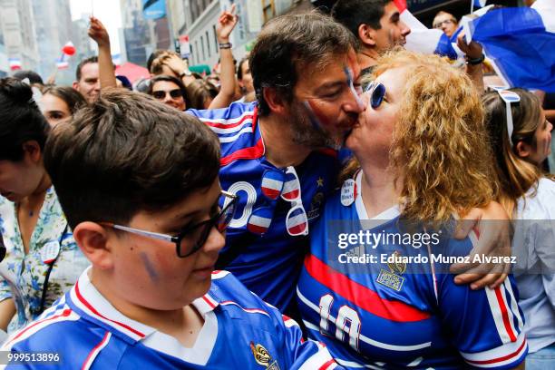 Fans celebrate France winning the World Cup final against Croatia during a watch party on July 15, 2018 in New York City. France beat Croatia 4-2 to...