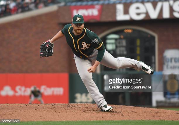 Oakland Athletics starting pitcher Brett Anderson pitches the ball in an MLB game between the San Francisco Giants and Oakland Athletics at AT&T Park...