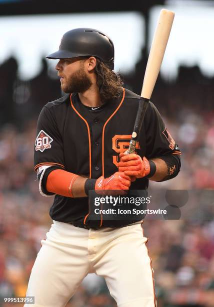 San Francisco Giants shortstop Brandon Crawford at bat in an MLB game between the San Francisco Giants and Oakland Athletics at AT&T Park in San...