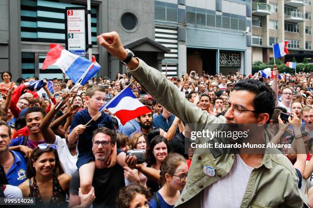 Fans celebrate France winning the World Cup final against Croatia during a watch party on July 15, 2018 in New York City. France beat Croatia 4-2 to...