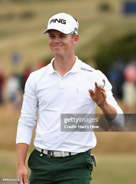 Brandon Stone of South Africa celebrates his par putt on hole seventeen during day four of the Aberdeen Standard Investments Scottish Open at Gullane...