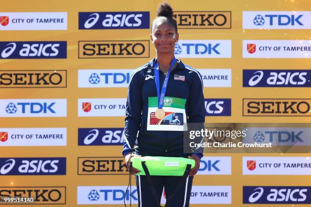 Tia Jones of The USA celebrates with her medal during the medal ceremony for the women's 100m hurdles on day six of The IAAF World U20 Championships...