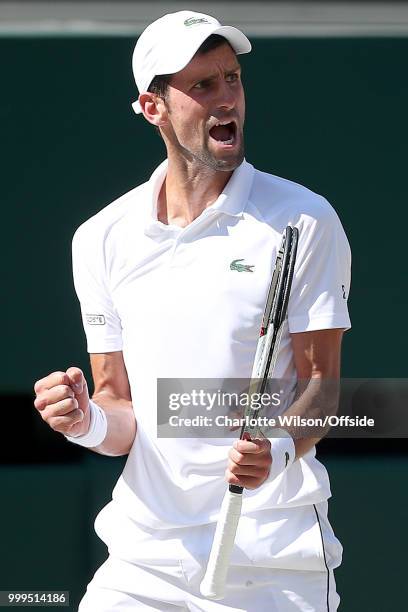 Mens Singles Final - Novak Djokovic v Kevin Anderson - Novak Djokovic celebrates winning a point at All England Lawn Tennis and Croquet Club on July...