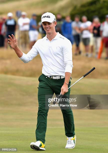Brandon Stone of South Africa celebrates his par putt on hole seventeen during day four of the Aberdeen Standard Investments Scottish Open at Gullane...
