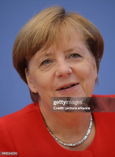 German Chancellor Angela Merkel speaks on current topics of interior and exterior policies at the summer press conference at the federal press...