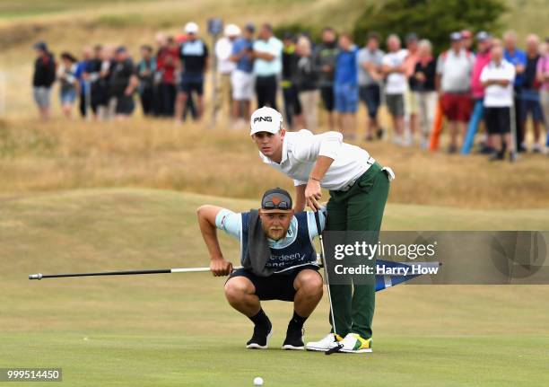 Brandon Stone of South Africa lines up a putt on hole seventeen during day four of the Aberdeen Standard Investments Scottish Open at Gullane Golf...