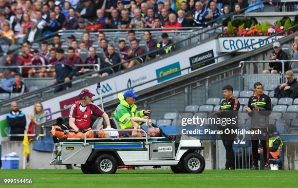 Dublin , Ireland - 15 July 2018; Paul Conroy of Galway is helped off the field on a stretcher after picking up an injury during the GAA Football...