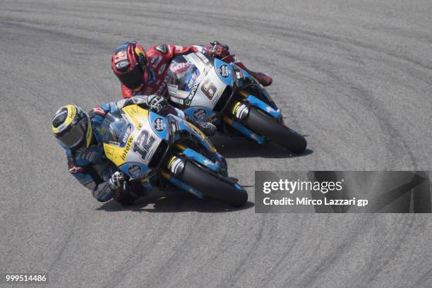 Tom Luthi of Switzerland and and Team EG 0,0 Marc VDS leads Stefan Bradl of Germany and EG 00 Marc VDS during the MotoGP race during the MotoGp of...