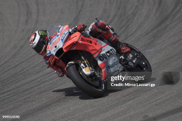 Jorge Lorenzo of Spain and Ducati Team rounds the bend during the MotoGP race during the MotoGp of Germany - Race at Sachsenring Circuit on July 15,...