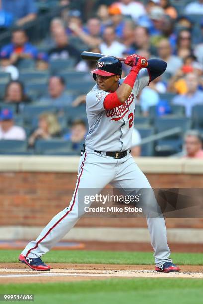 Juan Soto of the Washington Nationals in action against the New York Mets at Citi Field on July 13, 2018 in the Flushing neighborhood of the Queens...