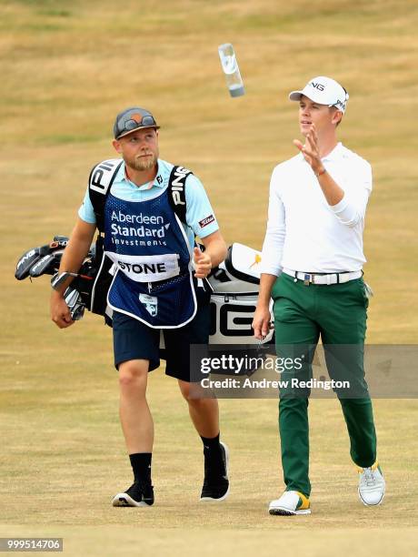 Brandon Stone of South Africa tosses his water bottle on hole sixteen during day four of the Aberdeen Standard Investments Scottish Open at Gullane...