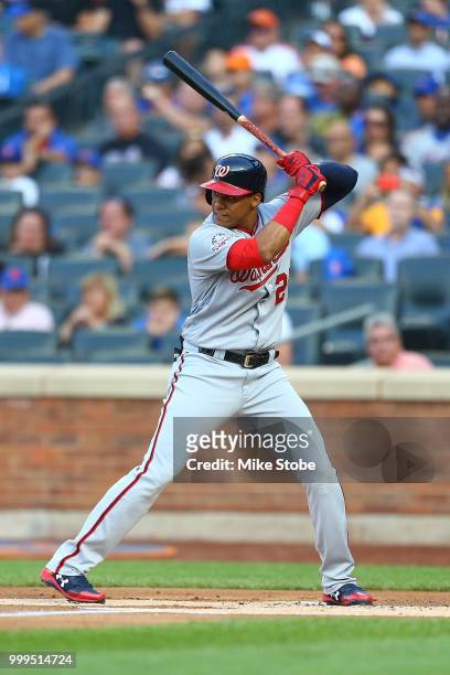 Juan Soto of the Washington Nationals in action against the New York Mets at Citi Field on July 13, 2018 in the Flushing neighborhood of the Queens...