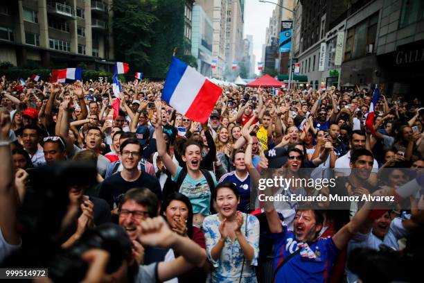 Fans watch the World Cup final match between France and Croatia on July 15, 2018 in New York City. France is seeking its second World Cup title while...