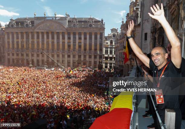 Belgium's head coach Roberto Martinez celebrates at the balcony in front of more than 8000 supporters at the Grand-Place, Grote Markt in Brussels...