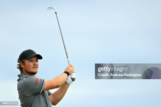 Eddie Pepperell of England takes his tee shot on hole seventeen during day four of the Aberdeen Standard Investments Scottish Open at Gullane Golf...
