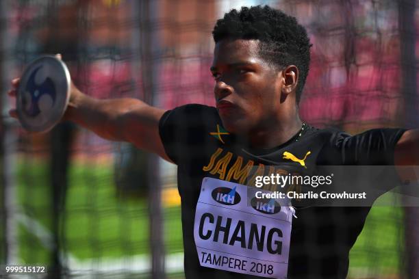 Kai Chang of Jamaica in action during the final of the men's discus on day six of The IAAF World U20 Championships on July 15, 2018 in Tampere,...