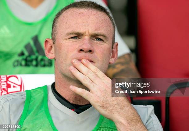 United forward Wayne Rooney on the bench before a MLS match between D.C. United and the Vancouver Whitecaps on July 14 at Audi Field, in Washington...