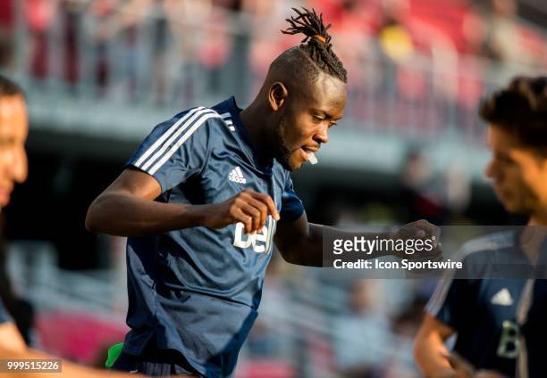 Vancouver Whitecaps forward Kei Kamara warms up before a MLS match between D.C. United and the Vancouver Whitecaps on July 14 at Audi Field, in...