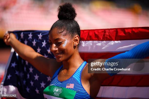 Tia Jones of The USA celebrates winning gold in the final of the women's 100m hurdles on day six of The IAAF World U20 Championships on July 15, 2018...