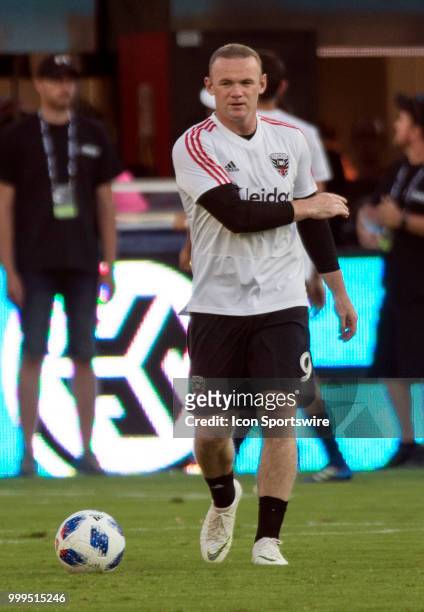 United forward Wayne Rooney warms up before a MLS match between D.C. United and the Vancouver Whitecaps on July 14 at Audi Field, in Washington D.C....