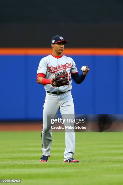 Juan Soto of the Washington Nationals looks on prior to the game against the New York Mets at Citi Field on July 13, 2018 in the Flushing...