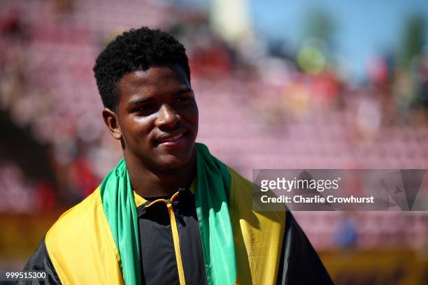 Kai Chang of Jamaica celebrates winning gold in the final of the men's discus on day six of The IAAF World U20 Championships on July 15, 2018 in...