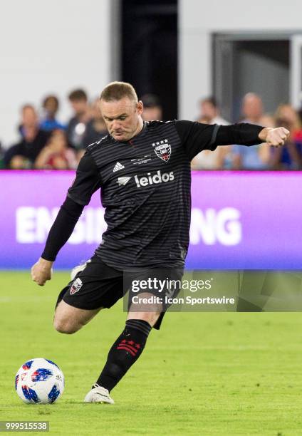 United forward Wayne Rooney swings into a free kick during a MLS match between D.C. United and the Vancouver Whitecaps on July 14 at Audi Field, in...