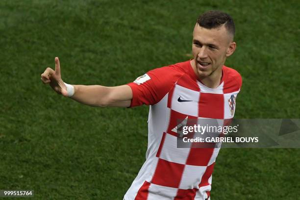 Croatia's forward Ivan Perisic celebrates after scoring a goal during the Russia 2018 World Cup final football match between France and Croatia at...