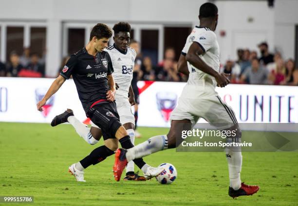 United midfielder Ian Harkes makes a pass during a MLS match between D.C. United and the Vancouver Whitecaps on July 14 at Audi Field, in Washington...