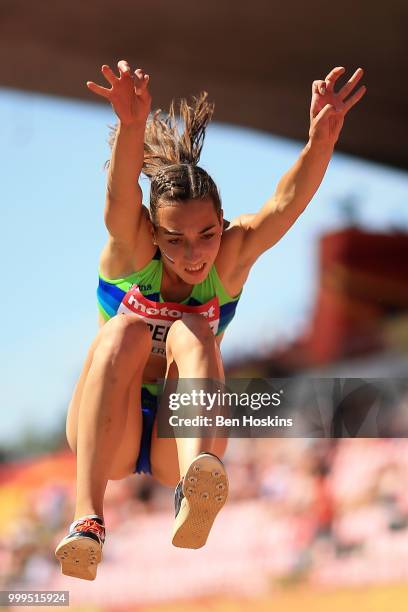 Eva Pepelnak of Slovenia in action during the final of the women's triple jump on day six of The IAAF World U20 Championships on July 15, 2018 in...