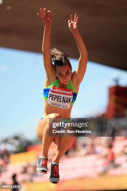 Eva Pepelnak of Slovenia in action during the final of the women's triple jump on day six of The IAAF World U20 Championships on July 15, 2018 in...