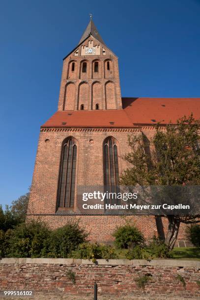 tower of st mary's church, brick gothic, early 14th century, barth, mecklenburg-western pomerania, germany - pomerania stock pictures, royalty-free photos & images