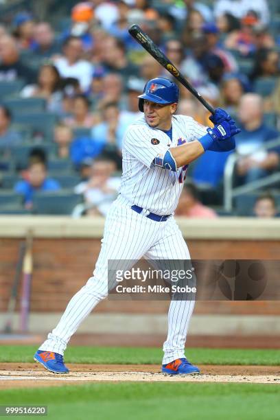 Asdrubal Cabrera of the New York Mets in action against the Washington Nationals at Citi Field on July 13, 2018 in the Flushing neighborhood of the...