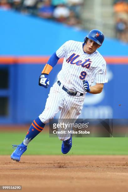 Brandon Nimmo of the New York Mets in action against the Washington Nationals at Citi Field on July 13, 2018 in the Flushing neighborhood of the...