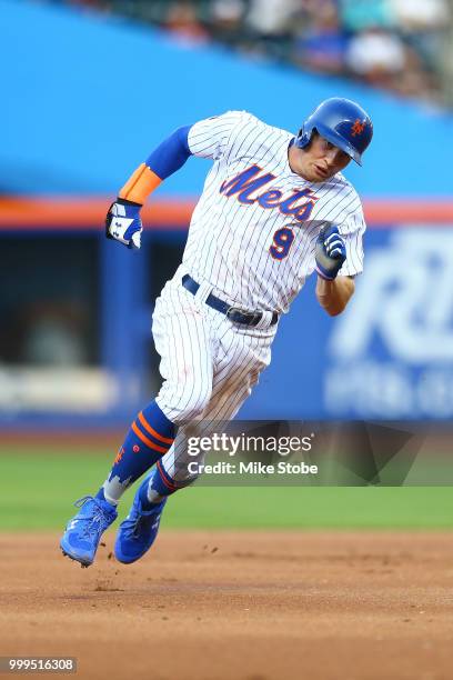 Brandon Nimmo of the New York Mets in action against the Washington Nationals at Citi Field on July 13, 2018 in the Flushing neighborhood of the...