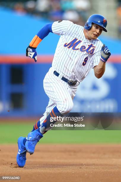 Brandon Nimmo of the New York Mets in action against the Washington Nationals at Citi Field on July 13, 2018 in the Flushing neighborhood of the...