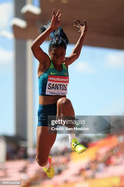 Mirieli Santos of Brazil in action during the final of the women's triple jump on day six of The IAAF World U20 Championships on July 15, 2018 in...