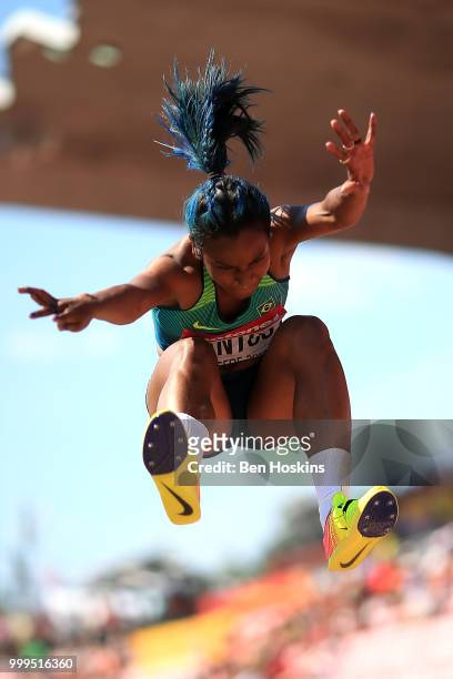 Mirieli Santos of Brazil in action during the final of the women's triple jump on day six of The IAAF World U20 Championships on July 15, 2018 in...