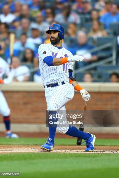 Jose Bautista of the New York Mets in action against the Washington Nationals at Citi Field on July 13, 2018 in the Flushing neighborhood of the...