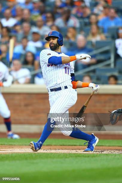 Jose Bautista of the New York Mets in action against the Washington Nationals at Citi Field on July 13, 2018 in the Flushing neighborhood of the...