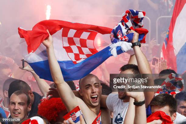 Fans of Croatia national football team react during the Final match on July 15, 2018 in Zagreb. This is the first time Croatia has reached the final...