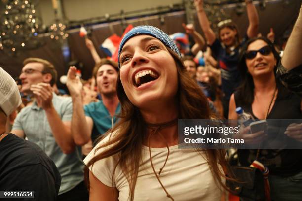 France fans celebrate at a French watch party at Liasion restaurant in Hollywood after France defeated Croatia in the World Cup final on July 15,...