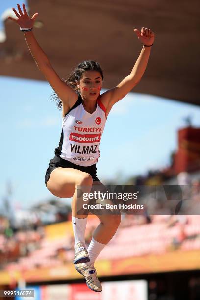 Esra Yilmaz of Turkey in action during the final of the women's triple jump on day six of The IAAF World U20 Championships on July 15, 2018 in...