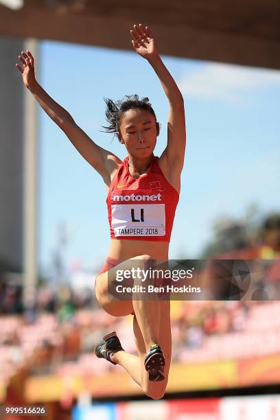 Yu Li of China in action during the final of the women's triple jump on day six of The IAAF World U20 Championships on July 15, 2018 in Tampere,...