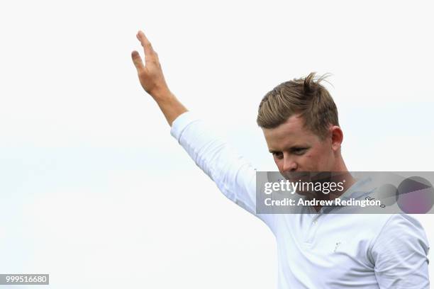 Brandon Stone of South Africa waves to the crowd after finishing his round on 20 shots under par during day four of the Aberdeen Standard Investments...