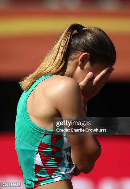 Aleksandra Nacheva of Bulgaria celebrates winning gold in the final of the women's triple jump on day six of The IAAF World U20 Championships on July...