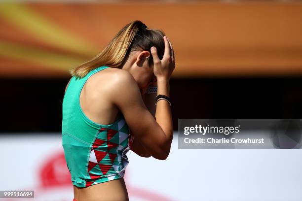 Aleksandra Nacheva of Bulgaria celebrates winning gold in the final of the women's triple jump on day six of The IAAF World U20 Championships on July...