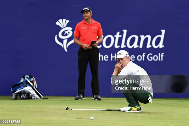 Brandon Stone of South Africa reacts to his missed birdie putt on hole eighteen during day four of the Aberdeen Standard Investments Scottish Open at...
