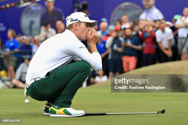 Brandon Stone of South Africa reacts to his missed birdie putt on hole eighteen during day four of the Aberdeen Standard Investments Scottish Open at...